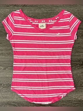 VTG Y2K Hollister Pink White Striped Top XS Short Sleeve Tee Logo Preppy FLAWS